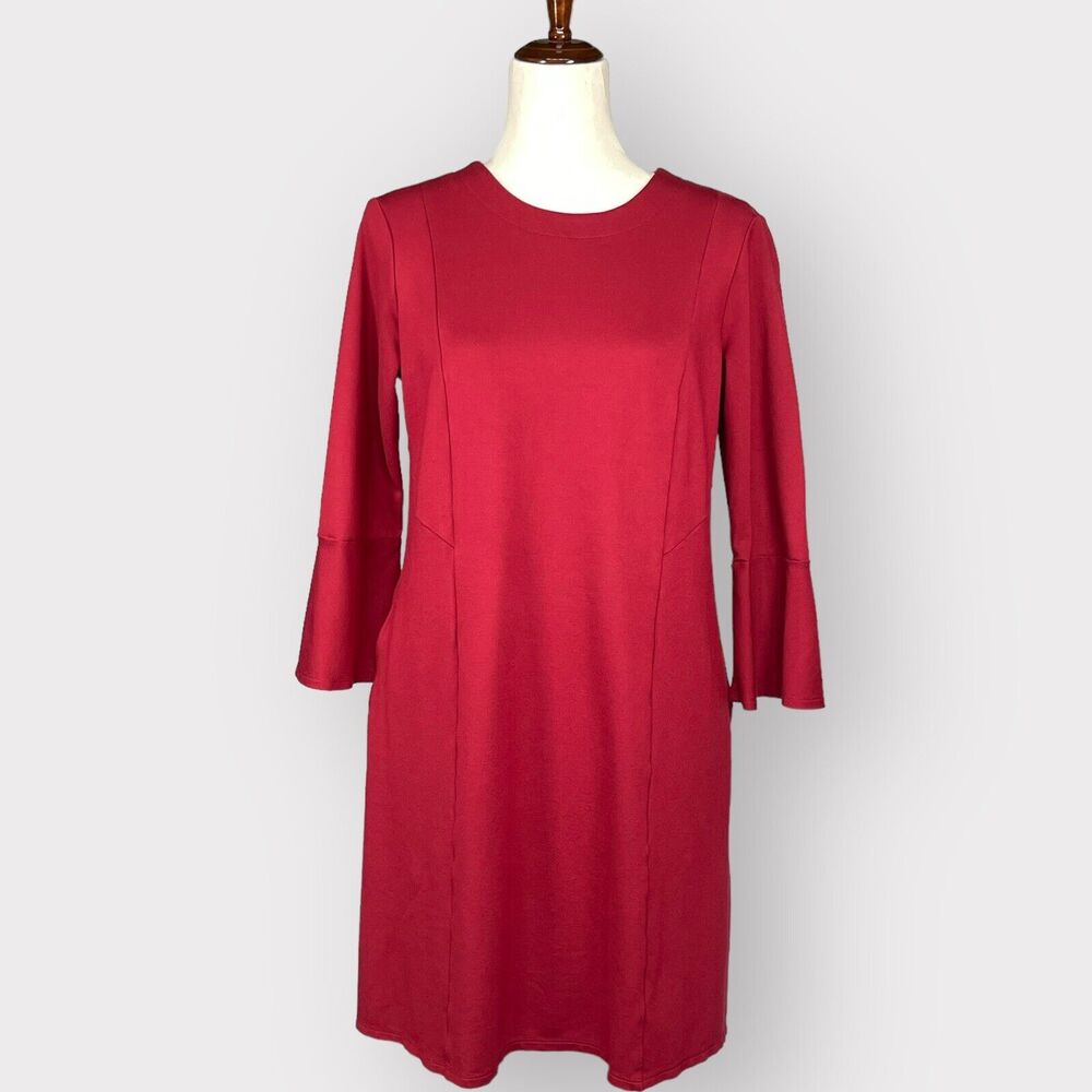 J. Jill Ponte Shift Dress Women S Red Thick Fabric Flared 3/4 Sleeve Pockets G52